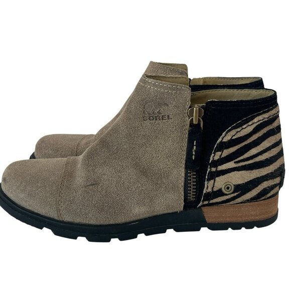 Sorel Joan Major Low Bootie Women 8 Tan Suede Zebra Stripe Pony Hair Taupe Boots - Picture 7 of 16